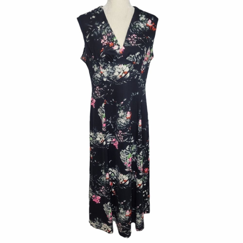 VINTAGE 60s/70s dress black‎ floral sleeveless midi  M
